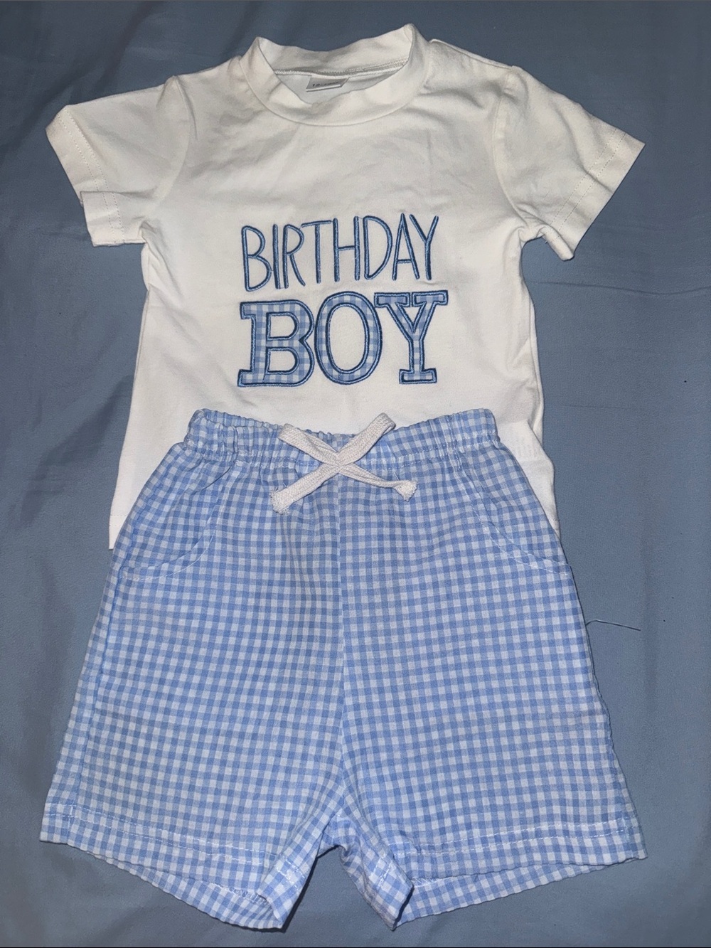Birthday Boy White Tee & Light Blue Gingham Shorts Kids Matching Set NWOT